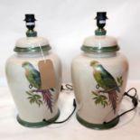 A pair of contemporary temple jar table lamps, decorated with parrots, H.48cm (2)