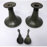 A pair of early 20th century planished pewter candlesticks, H: 11cm dia: 10cm with two antique