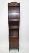 A narrow oak bookcase with cupboard door, H.153 W.32 D.23cm