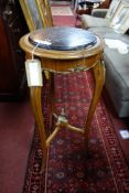 An early 20th century French walnut jardiniere stand with marble top, H.93cm