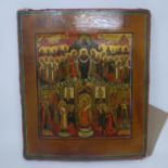 A Russian icon of The Pokrov Mother of God, tempera on wood panel, parcel gilded, 31 x 27cm