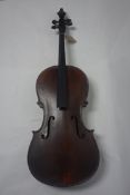 An antique cello, H.124cm, missing strings, tail piece and bridge
