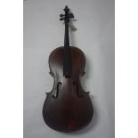 An antique cello, H.124cm, missing strings, tail piece and bridge