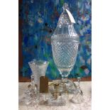 A large cut crystal vase and cover (some chips, H.69cm), a pair of cut glass salts in the form of