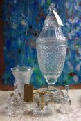 A large cut crystal vase and cover (some chips, H.69cm), a pair of cut glass salts in the form of