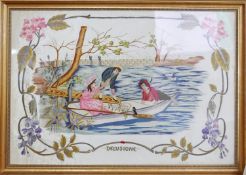 A French silk embroidery of children fishing from a boat, titled 'Delusione', framed and glazed,