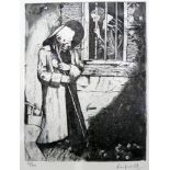 An etching of a prisoner talking to a figure through the bars, signed and numbered 32/45 in pencil