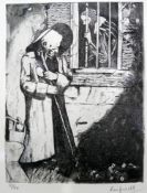 An etching of a prisoner talking to a figure through the bars, signed and numbered 32/45 in pencil