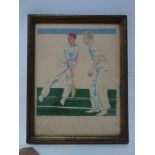 Daphne Dunbar, pencil and watercolour of cricket interest, 22 x 17cm