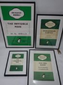 Four framed prints of Penguin Books covers, to include 'The Invisible Man' by H. G. Wells, 80 x