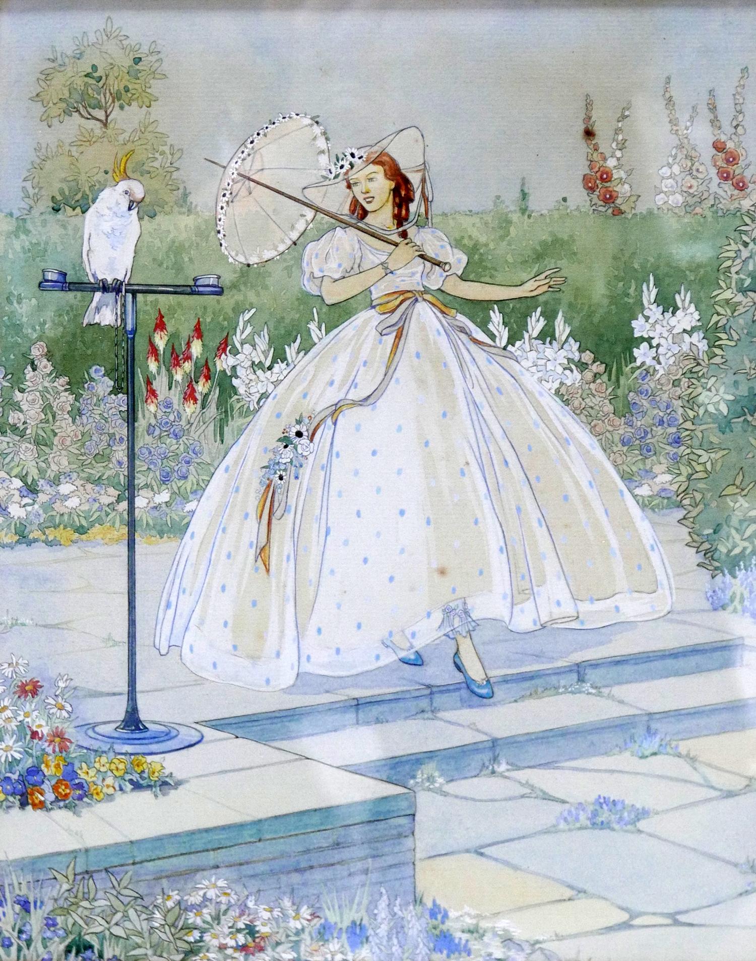 20th century school, A Lady walking past a cockatoo in a garden setting, watercolour and pencil,