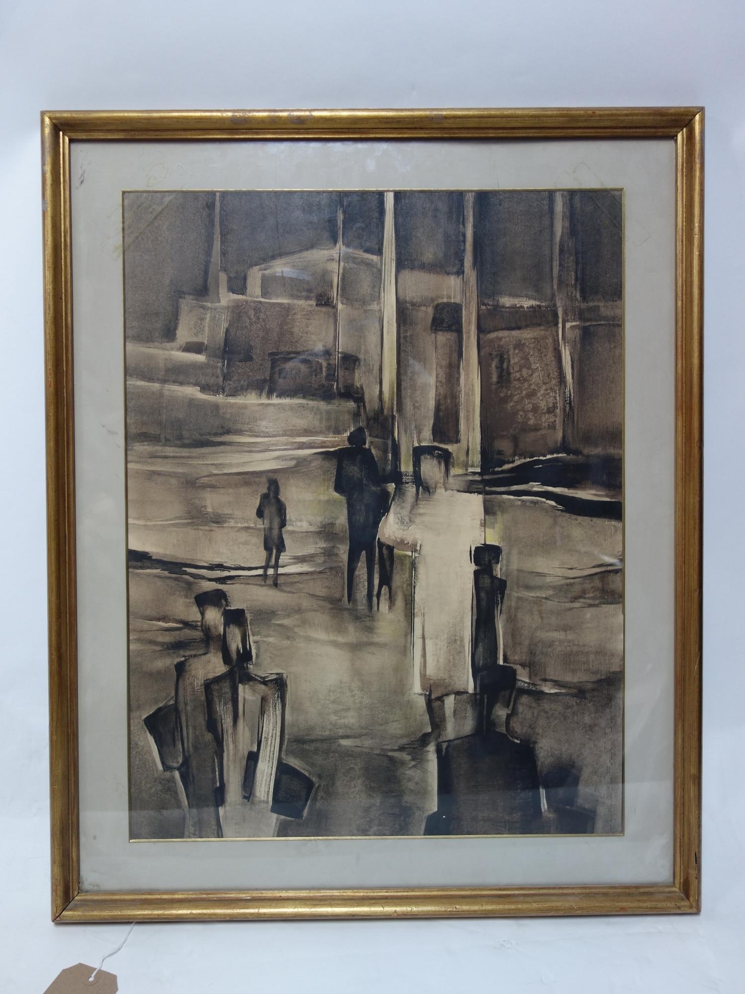 A large framed watercolour in sepia hues, indistinctly signed, H.65 W.49cm