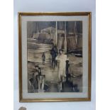 A large framed watercolour in sepia hues, indistinctly signed, H.65 W.49cm
