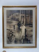 A large framed watercolour in sepia hues, indistinctly signed, H.65 W.49cm