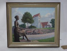 Konstnaren Lolle Jungberg (Danish school), Statue by a Church, oil on canvas, signed lower right, 39