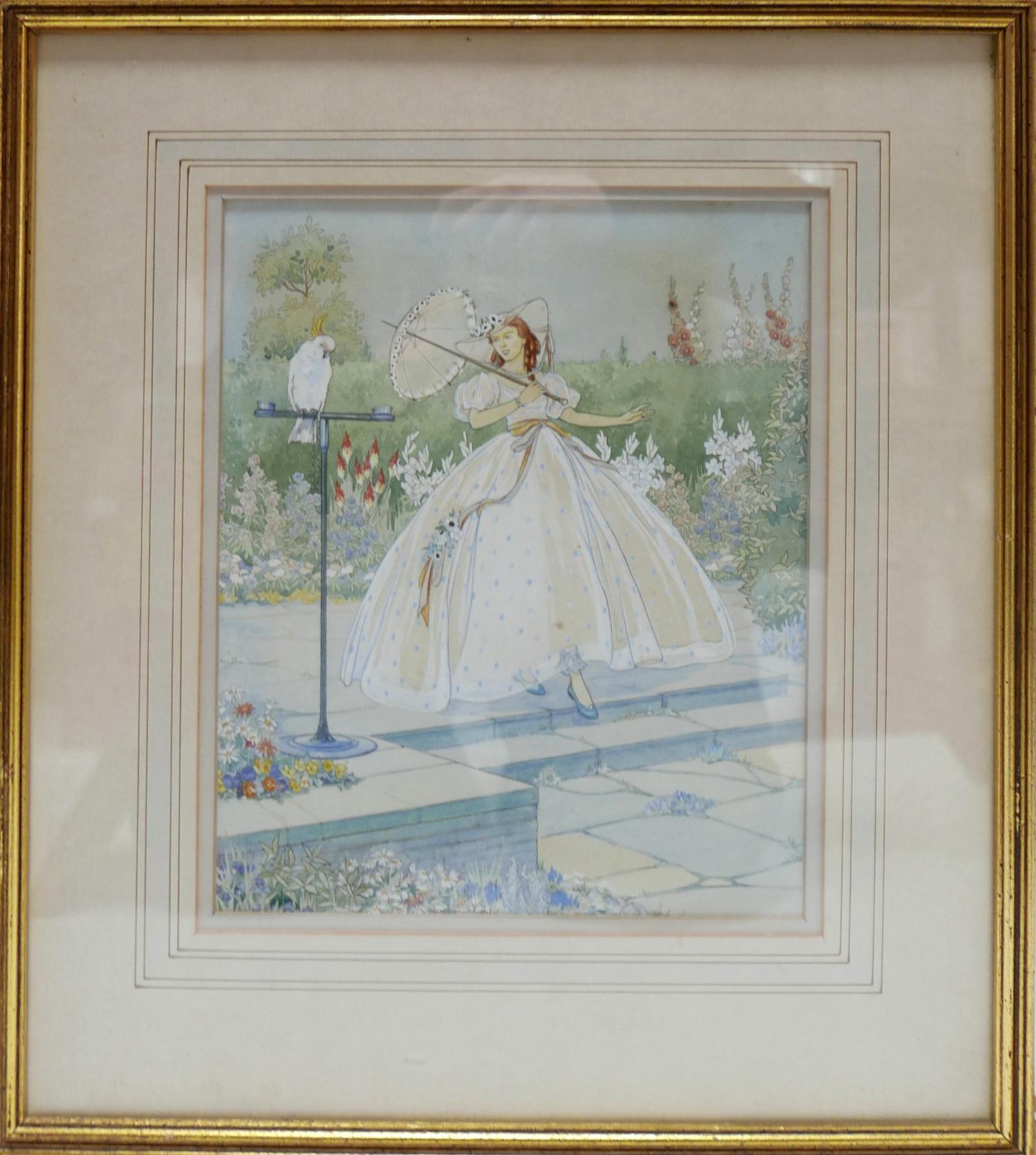 20th century school, A Lady walking past a cockatoo in a garden setting, watercolour and pencil, - Image 2 of 2