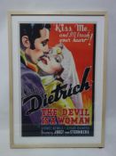 A reproduction movie poster for The Devil is a Woman starring Marlene Dietrich, bearing King & McGaw