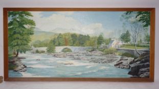 An oil on board, river scene, signed A G Crabtree 1965, descriptive label to verso. H.49 W.105cm