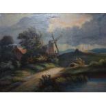 20th century Dutch school, A Windmill by a Country Path, oil on canvas, indistinctly signed lower