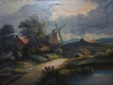 20th century Dutch school, A Windmill by a Country Path, oil on canvas, indistinctly signed lower