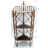 A Victorian bamboo corner whatnot with Chinosserie lacquered shelves, H.140 W.62 D.41cm