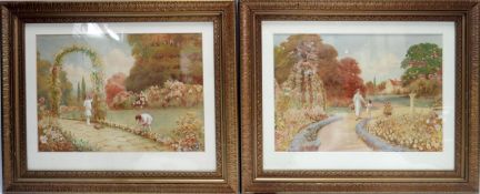 W. E. Evans, a pair of watercolours depicting figures in garden scenes, signed, 31 x 45cm