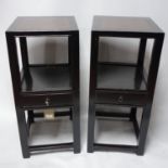 A pair of Chinese black lacquered lamp tables with drawer, H.82 W.36 D.41cm