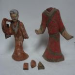 Two Chinese terracotta figures, polychrome painted, one with breaks to arms, H.45cm, the other