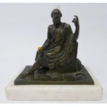 A bronze figure of a greek philosopher seated on raised dias on marble base. H.16cm