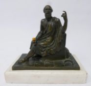 A bronze figure of a greek philosopher seated on raised dias on marble base. H.16cm