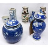 A small collection of 19th century Chinese blue and white porcelain, with prunus design, to