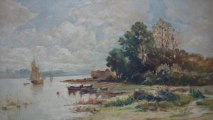 A 19th century gilt framed oil on canvas, people by a lake. H.37 W.63cm