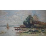 A 19th century gilt framed oil on canvas, people by a lake. H.37 W.63cm