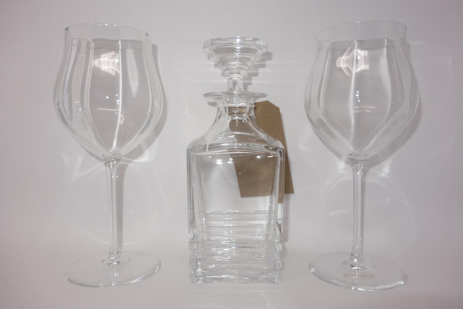 A St Louis crystal decanter, H.22cm, together with a pair of St Louis crystal wine glasses with