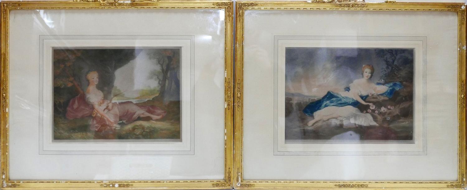 Will Henderson, two coloured mezzotints depicting maidens reclining in forests, signed in pencil