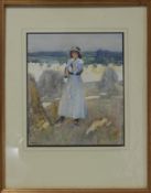 Robert Sargent Austin R.A. (1895-1973), lady in a hay field, watercolour, signed and dated 1914,