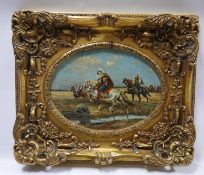 20th century school, Middle Eastern Horsemen, oil on panel, signed lower right, in giltwood frame,