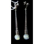 A pair of sterling silver, marcasite and opalite drop earrings, L.6cm, 6.2g