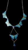 A sterling silver and enamelled buttefly drop necklace in shades of turquoise and navy blue