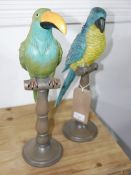 WITHDRAWN-Two resin parrots on perches , H.43cm tallest (2)