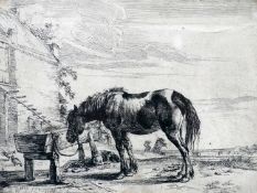 An etching of a horse by a stable, signed, 15 x 20cm