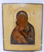 A Russian icon of the Vladimirskaya Mother of God, tempera on wood panel, 30 x 27cm