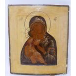 A Russian icon of the Vladimirskaya Mother of God, tempera on wood panel, 30 x 27cm