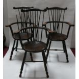 Three 19th century Oliver Goldsmiths Windsor armchairs, one in need of repair
