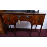 A George II mahogany bow front sideboard, with marquetry inlay, raised on tapered legs and spade