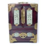 A Chinese hardwood jewellery box inset with jadeite panels, H.24 W.17 D.13cm
