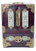 A Chinese hardwood jewellery box inset with jadeite panels, H.24 W.17 D.13cm