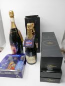 Five various bottle of Moet & Chandon champagne and three small bottles