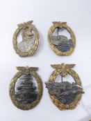 Four reproduction Third Reich badges, to include a Kriegsmarine High Seas Fleet Badge