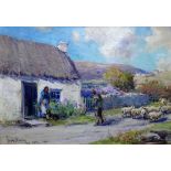 Owen Bowen (British, 1873-1967), A Shepherd passing a cottage with his flock, oil on board, signed